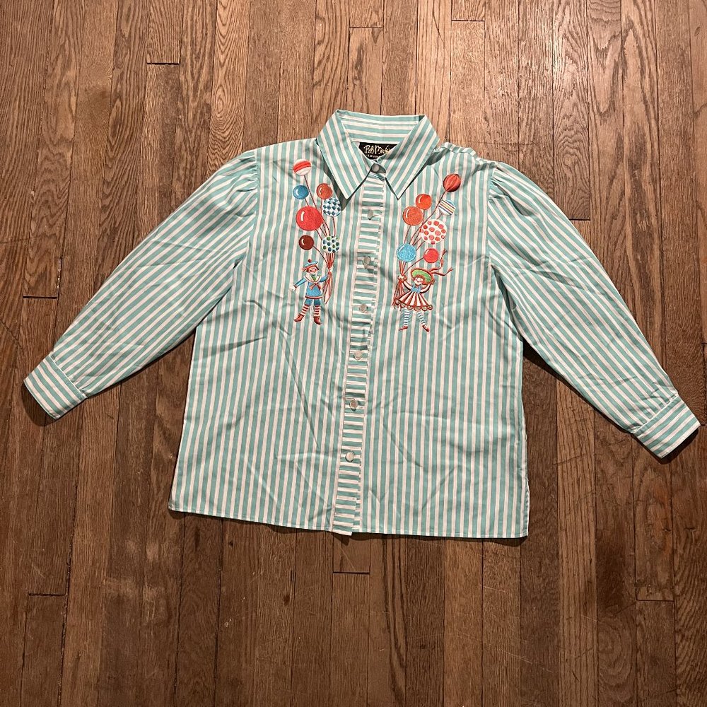 Bob Mackie Wearable Art Embroidered Clown Button Down Shirt